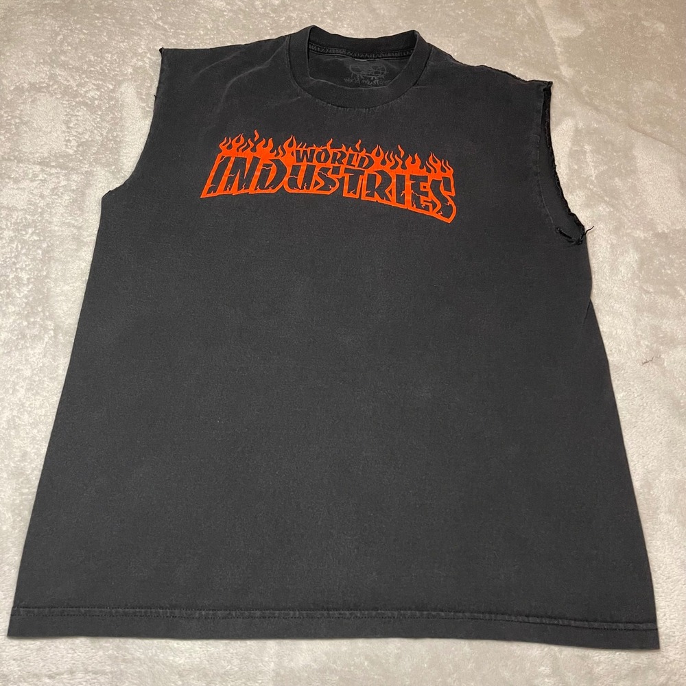 Vintage 90s World Industries Mens Flame Logo Muscle Tee Sleeveless Shirt Black L